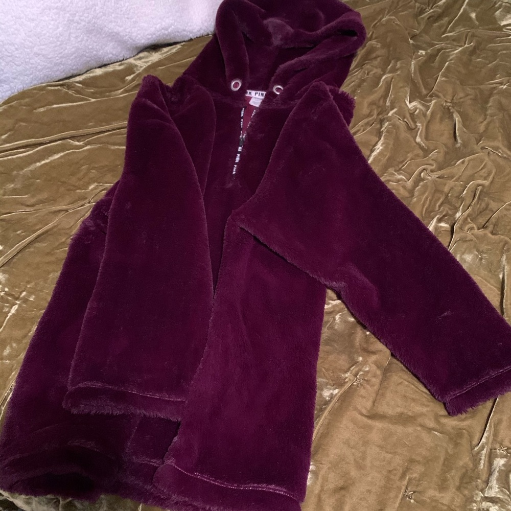VS PINK Maroon Hooded Sherpa Quarter Zip